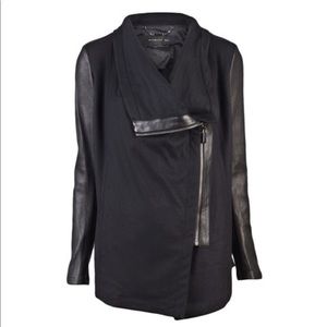 Barbara Bui Black Draped Lamb Leather and Wool Zip Moto Jacket, Size 36 (US 6)